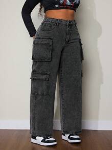 SHEIN SXY Plus Size Damskie Jednokolorowe Luźne Kieszenie Swobodne Uniwersalne Jeansy Cargo
