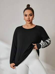 Easithlete Plus Size Women Casual Letter Print Long Sleeve Loose Sports T-Shirt, Autumn - Black - View 5