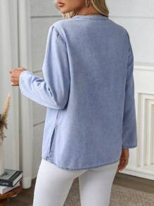 SHEIN LUNE Solid V-Neck Casual Versatile Roll-Up Sleeve Denim Shirt Fall Cloth For Women