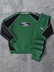 PAVTROS Men's Casual Sports Patchwork Print Sweatshirt Set - Dark Green - View 1