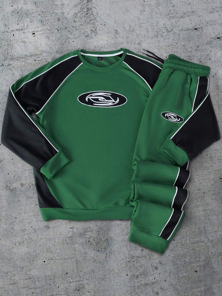 PAVTROS Men's Casual Sports Patchwork Print Sweatshirt Set - Dark Green - View 1