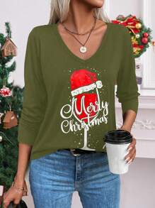 SHEIN LUNE Women V-Neck Long Sleeve Casual Wine Glass Print Top, Minimalist Daily Wear Graphic Tees Women Tops For Spring - Army Green - View 5