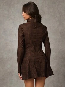 SHEIN BAE Women's Spring & Fall Tie Dye Eyelet Lace Up Long Sleeve Casual Blazer Fall Clothes Fall Women Clothes Fall Jackets Fall Women Leather Women Jacket Winter Women Clothes Dark Academia Winter Clothes Women Coats Winter Coat Winter Outfits - Coffee Brown - View 3