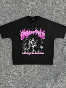 Manfinity VCAY Camiseta casual de manga corta de punto holgado con estampa gráfica para hombre, moda, regalo para el novio, para salir