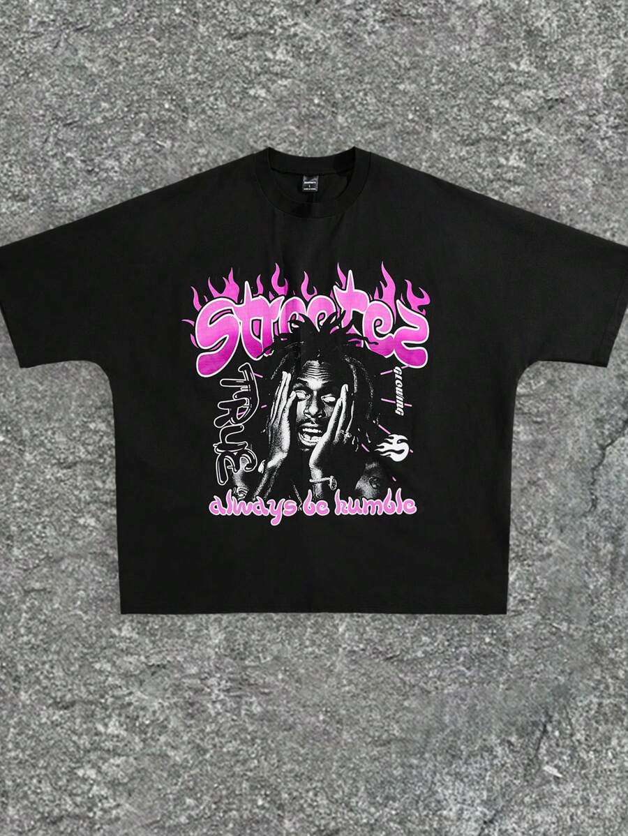 Manfinity VCAY Camiseta casual de manga corta de punto holgado con estampa gráfica para hombre, moda, regalo para el novio, para salir