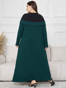 Lacomfia Plus Size Women Colorblock Round Neck Long Sleeve Rib Knit Long Loose Casual Dress Maxi Women Outfit - Multicolor - View 2