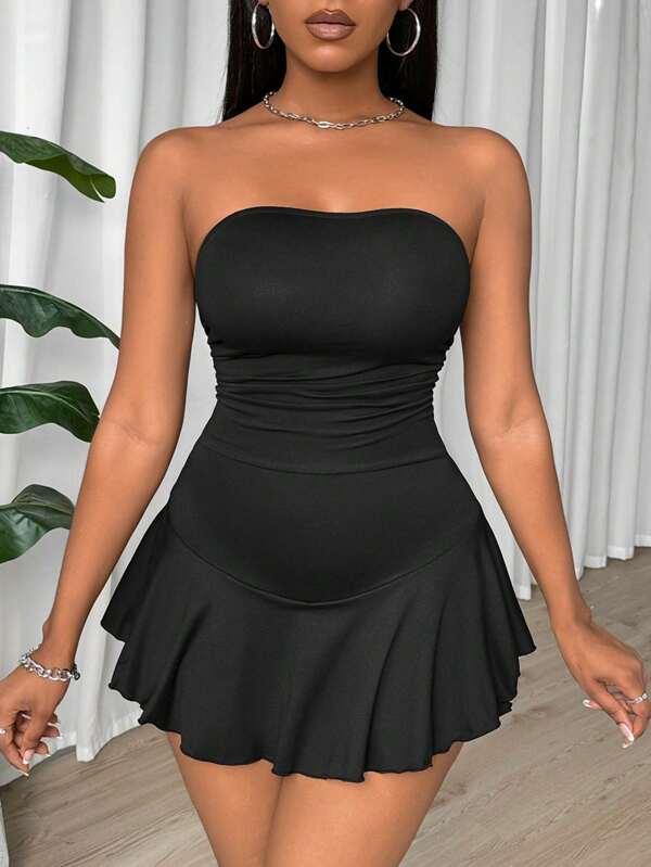 SHEIN PETITE Women's Solid Color Sexy Strapless Ruched Waist Double Layer Ruffle Hem Bodycon Jumpsuit