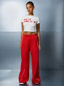 SUMWON WOMEN Hot Sauce Graphic Fitted Crop Top Cotton Jersey Short Sleeve Casual Summer Festival Streetwear Statement T Shirt Contemporary Fashion Basic - White - View 3