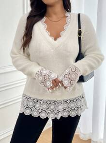 SHEIN Frenchy Plus Size V-Neck Lace Patchwork Pullover Sweater, Casual Style, For Winter Fall/Winter - White - View 4