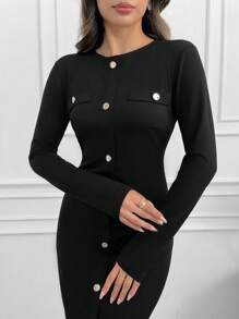 SHEIN Tall Long Sleeve Button Detailed Midi Dress - Black - View 5