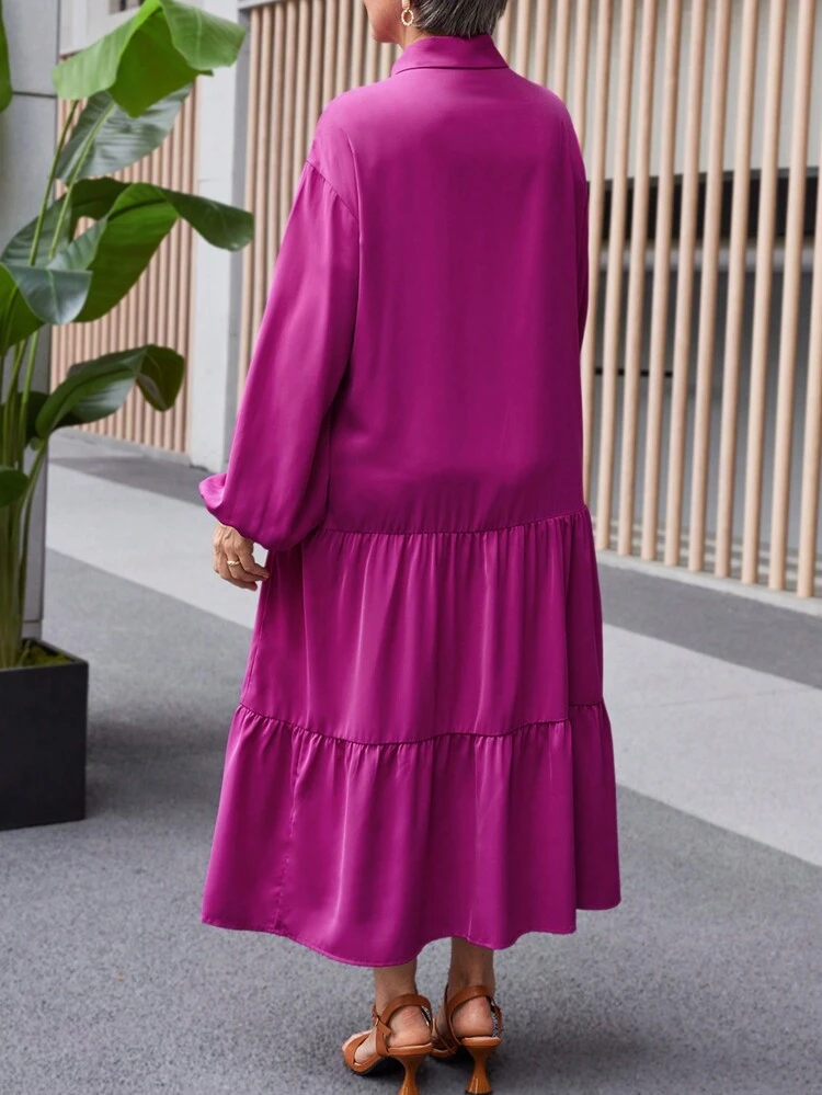Plus Size Women Elegant Solid Color Lantern Sleeve Tiered Hem Shirt Dress (Waist Belt Not Included),Autumn&Winter Women Clothes,Plus Size Fall Clothes