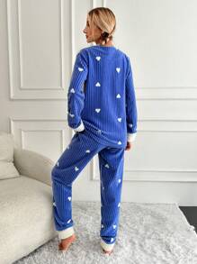 SHEIN Cottnline Letter & Heart Embroidery Striped PJ Set - Multicolor - View 2