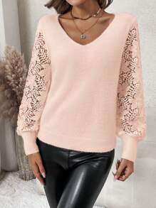 SHEIN Clasi Jersey de mujer con cuello en V de unicolor, estilo minimalista, apto para primavera y otoño - Rosa - Ver 3