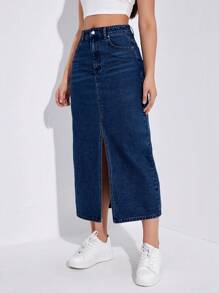 SHEIN ICON Women's Pocketed Split Hem Casual Long Denim Skirt - Dark Wash - View 4