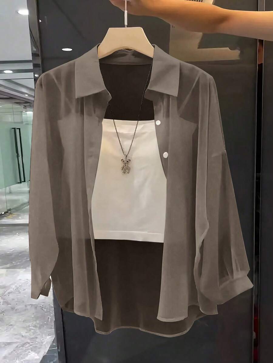 Franclia Áo sơ mi cổ tròn trơn đơn giản trong suốt cơ bản - Màu Khaki - Xem 1