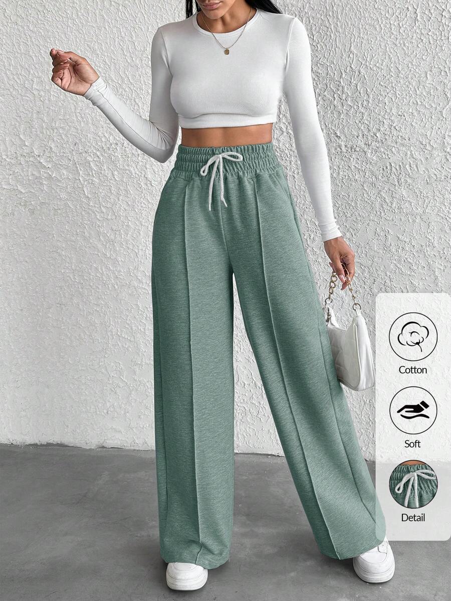Cottnline Petite Drawstring Waist Wide Leg Pants - Mint Green - View 1