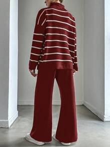 EURMUSE 2 peças/conjunto feminino listrado gola alta solto malha top e cor sólida calças compridas, casual wear - Borgonha - Ver 2