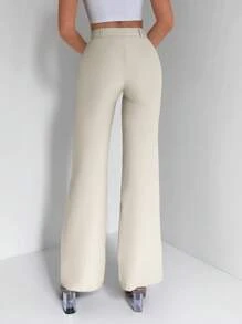SHEIN Women's Solid Color Button Toothpick Stripe Casual Versatile Commuting Wide Leg Pants - Apricot - View 2