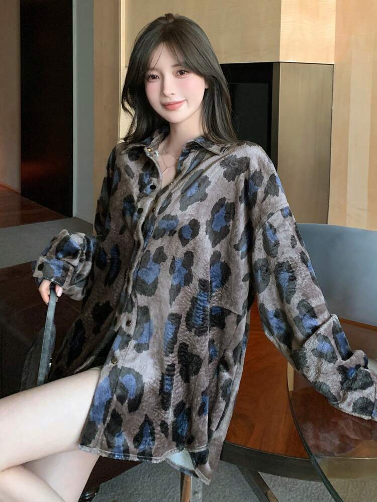 Velvet Leopard Print Loose Women Regular Jacket,Fall Clothes Women Coats