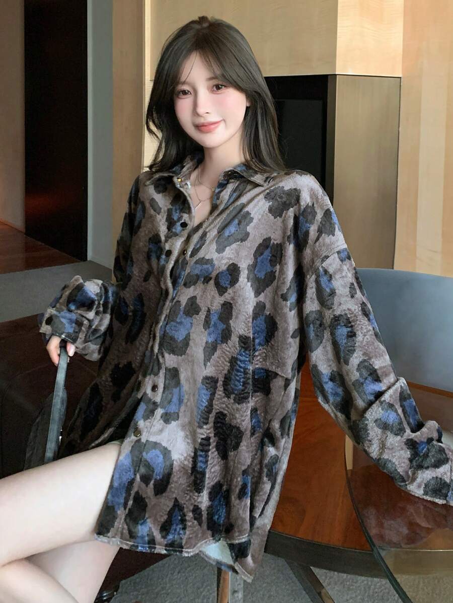 DAZY Velvet Leopard Print Loose Women Regular Jacket,Fall Clothes Women Coats - Brown - View 1