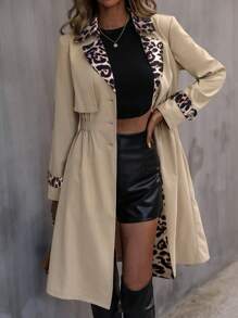 SHEIN Clasi Women's Floral Pattern Random Cut Collar Leopard Patchwork Waisted Midi Trench Coat Jacket Fall Cloth For Women - Khaki - View 7