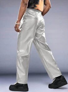 AXEPEAK Men's Casual Minimalist Metallic Woven Straight Leg Pants, Streetwear Style, Fall/Winter - Silver - View 5