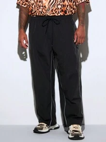 Mainfolk Plus Size Men's Casual Black Loose Woven Long Pants - Black - View 3