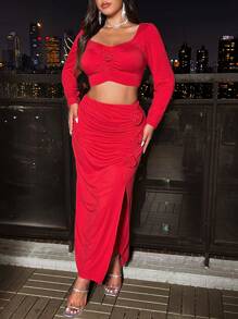 Allurite Plus Size 2pcs Set: Red Short Sleeve Backless Top & High Slit Pleated Skirt With 3D Floral Decor Fall Cloth For Women - Red - View 5