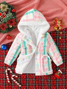 Young Girls Formal Elegant Mid-Length Zipped Plaid Digital Print Hooded Fleece Jacket, Suitable For Autumn/Winter Spring, For Christmas - Multicolor - View 4