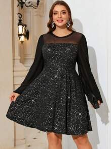 SHEIN Clasi Curvy Plus Size Women's Stretch Mesh Spliced ​​Round Neck Long Sleeve Hot Silver Shiny Elegant A-Hem Short Dress, Suitable For Autumn And Winter, Party Dress, Going Out,Christmas,Christmas Party Outfit,Xmas Dress ,Holiday Party Dress,New Years Outfit