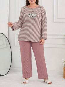 EURMUSE 2Pcs Cotton Contrast Colour Striped Long Sleeve Shirt And Long Bottoms PJ Set - Dusty Pink - View 5
