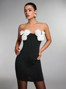 SHEIN BAE Women 3D Floral Decor Bandeau Simple Casual Short Corset Dress,Red Dresschristmas Women Clothes,Elegant Dress Wedding,Christmas Dress,Christmas Party Dress,Christmas Outfits,Christmas Women Clothes,New Year Eve Outfits - Black - View 4