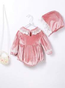 Baby Girls Spring/Autumn/Winter Comfortable Sweet High End Korean Fleece Patchwork Lace Collar Bodysuit With Lace Hat Clothing Set - Pink - View 2