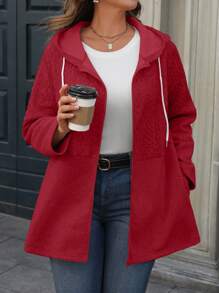 SHEIN LUNE Plus Size Solid Color Pocket Hooded Collar Knitted Long Sleeve Cardigan For New Year Clothes - Red - View 1