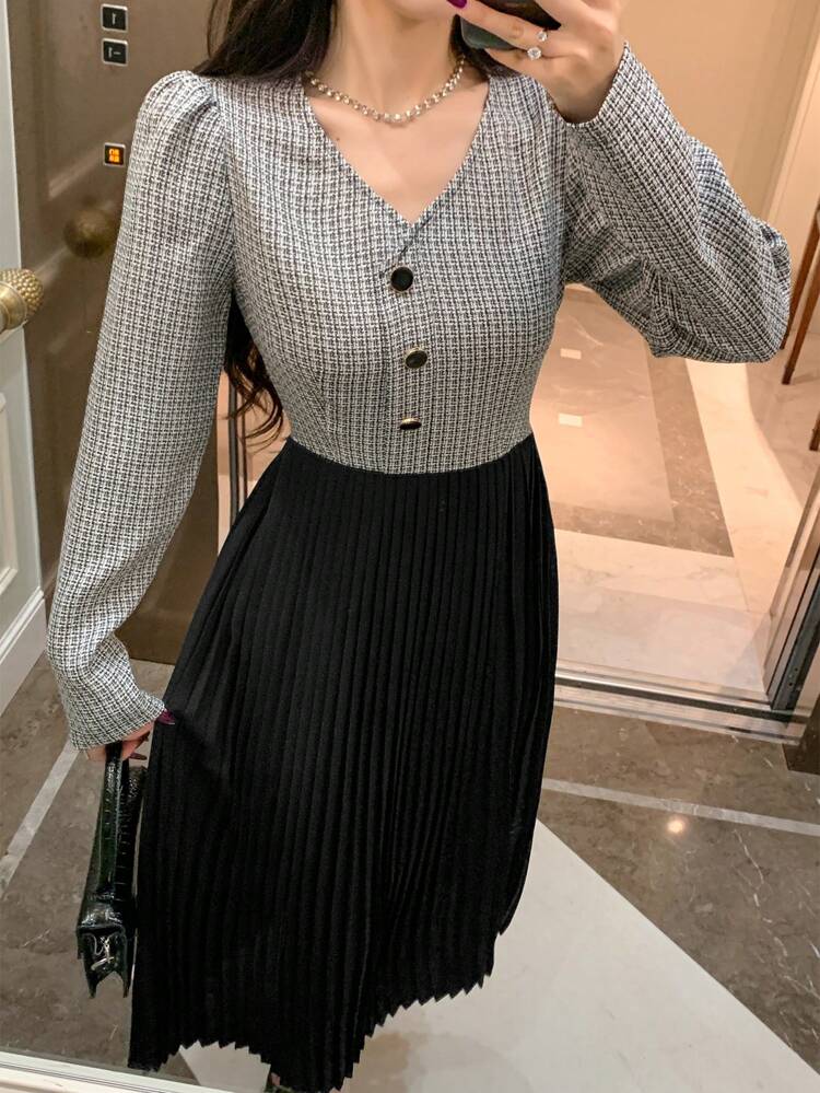 Women's V-Neck Plaid Print Button Front Splice Casual Long Sleeve Midi Dress,Fall Dress