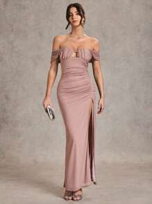SHEIN BAE Autumn/Winter Solid Color Purple, Purplish Gray, Lotus Root Pink Fitted Ruched Long Sleeve Dress, Suitable For Graduation Party, Formal Occasions, Cocktail Party, Romantic Date, Autumn/Winter Underdress, Gathering Party, Nightclub Party, Formal Gathering, Bridesmaid Mini Dress, Evening Dress, Halloween Dress, Christmas Dress