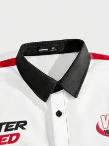 Manfinity RebelGame Áo sơ mi nam in chữ Colorblock thường ngày, mùa thu, áo sơ mi Jersey dài tay, quà tặng cho bạn trai, đi chơi - Đỏ - Xem 3