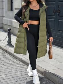 Calvaya Plus Size Solid Color Hooded Zipper Sleeveless Padded Padded Coat, Autumn/Winter Clothes - Green - View 7