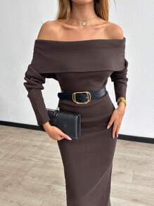 EURMUSE 1pc Solid Color Off-Shoulder Fitted Elegant Long Sleeve Sweater Dress ,Petite Women - Brown - View 5
