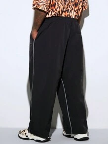 Mainfolk Plus Size Men's Casual Black Loose Woven Long Pants - Black - View 2