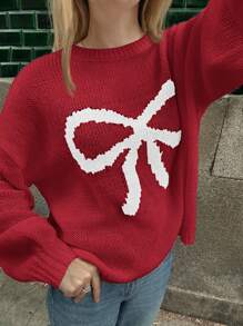 Forever 21 新款秋冬圆领大蝴蝶结撞色宽松休闲女童毛衣 - 紅色 - 查看 8