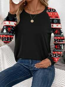 SHEIN LUNE Casual Women Christmas Graphic Raglan Sleeve Long Sleeve T-Shirt Ugly Christmas T-Shirt - Multicolor - View 2