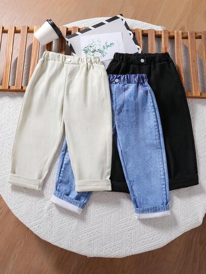 SHEIN 3 件装 男童字母印花抽绳直筒休闲裤，舒适适合户外、旅行、上学，适合秋冬季