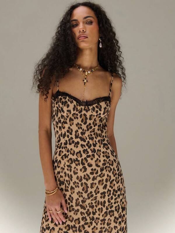 TypaGal Leopard Print Chiffon Contrast Lace Strappy Dress Maxi Women Outfit Cheetah Print