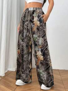 Chiquease Women's Leaf Printed Elastic Waist Pockets Sweatpants