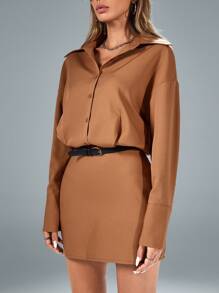 GENKIRA 马球领金属扣腰带修身迷你裙女士淑女时尚连衣裙女士优雅连衣裙 - 棕色 - 查看 2