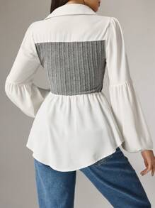 Heiryn Women's Color Blocking Ruffle Hem Long Sleeve Blouse, Autumn - Grey - View 2