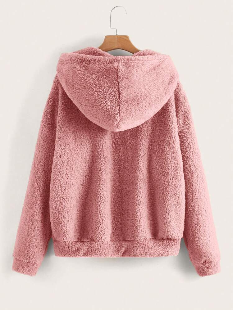Zip Up Drop Shoulder Drawstring Hooded Teddy Jacket In Fall/Winter,Casual