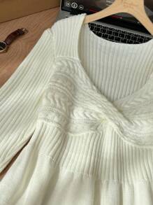 SHEIN Frenchy Plus Size Elegant Commute Office Professional Refined High-End Venue Exquisite Afternoon Tea Small Sexy Date Music Concert Party Home Women Chest Bowknot A-Line Long Sleeve Sweater Dress, Mini, Holiday, New Year, Party, Office, Elegant - Apricot - View 4