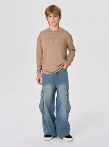 SHEIN 青少年男孩休闲字母 3D 压花连帽衫长袖 T 恤 - 卡其色 - 查看 2